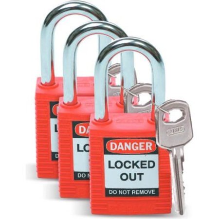 BRADY BradyÂ Lockout Padlock, Keyed Alike, 1-1/2", Plastic Covered Steel, Red, 3/Pack 105886